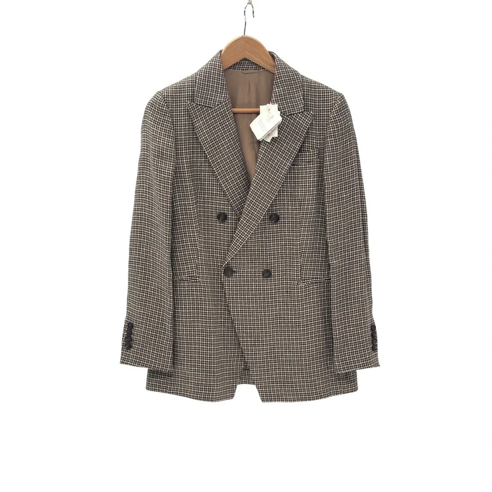New Brunello Cucinelli Blazer Women Tan Gold 44 8 Houndstooth Old Money  Linen‎